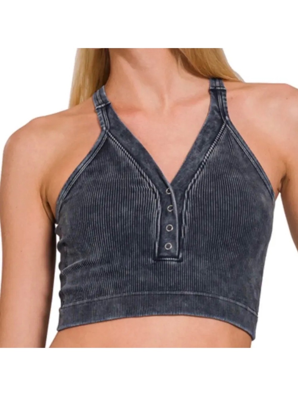 Zenana Washed Black Ribbed V-neck Cropped Tank Women’s Size L/XL